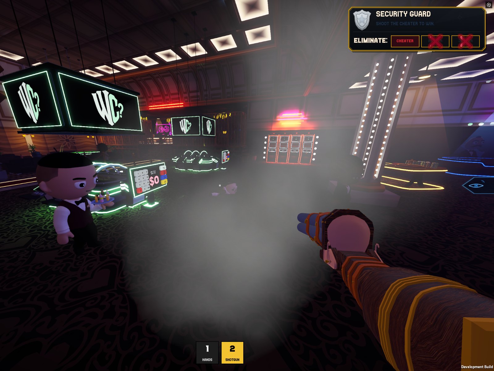 The security guard on patrol between the slots and the roulette