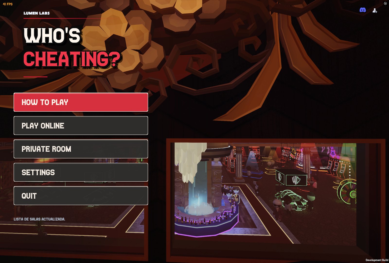 Main menu of Who's Cheating? over the casino fountain
